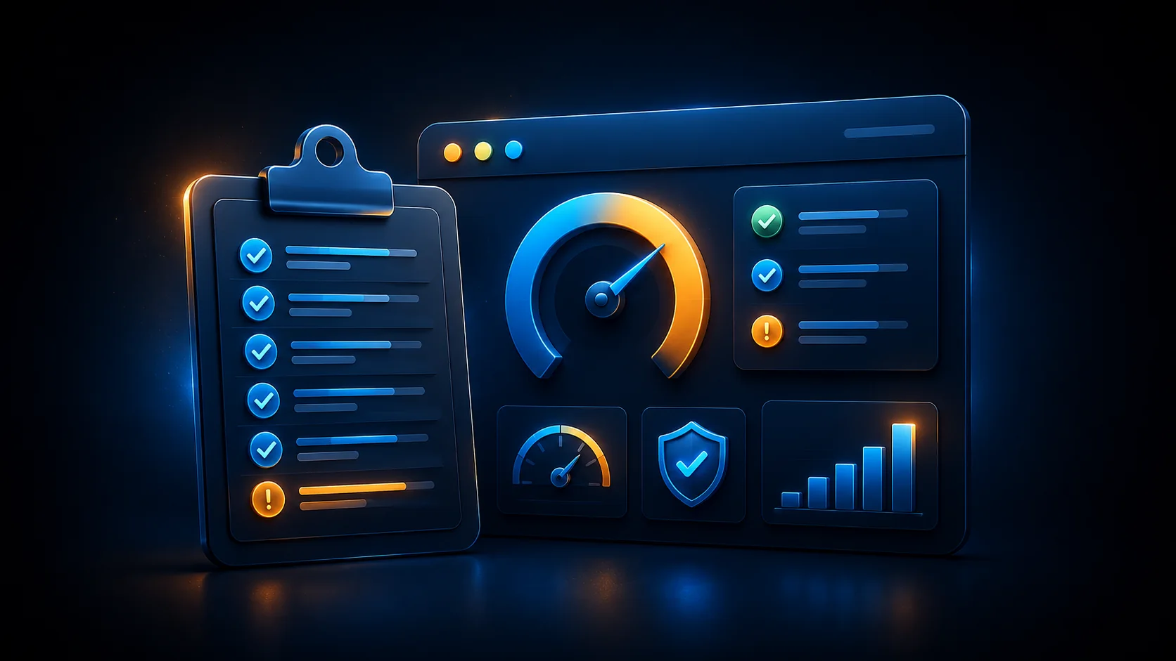 Digital health check checklist with a website health-score gauge
