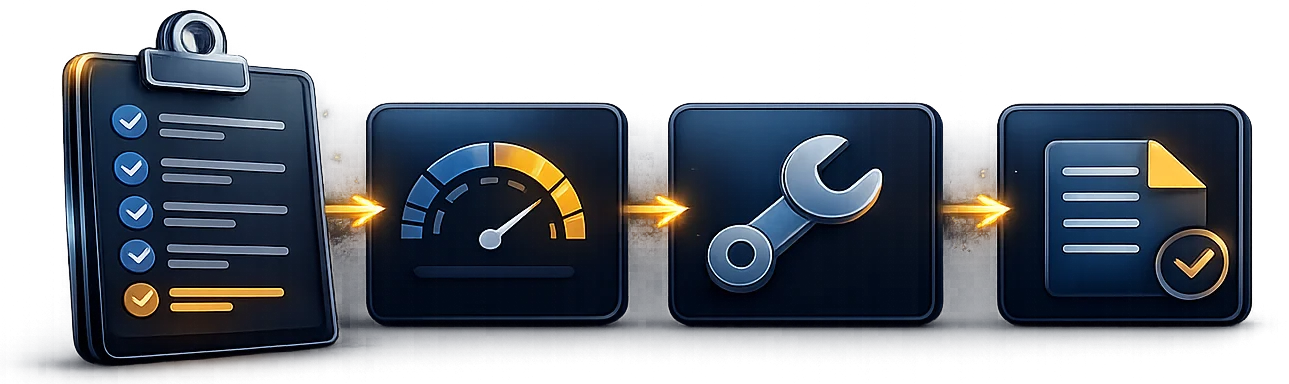 Digital problem diagnostics screen highlighting errors and fixes